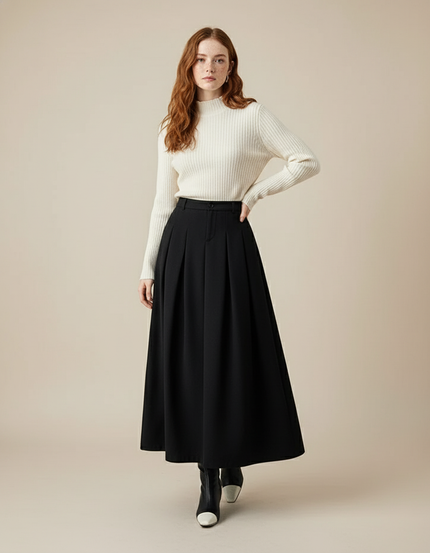 Jupe Midi Noire Plissée Élégante distinguée