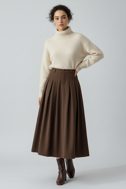 Jupe Midi Plissée Marron Élégante