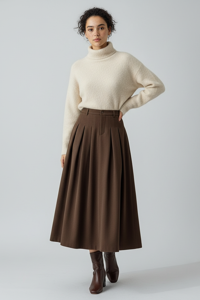 Jupe Midi Plissée Marron Élégante