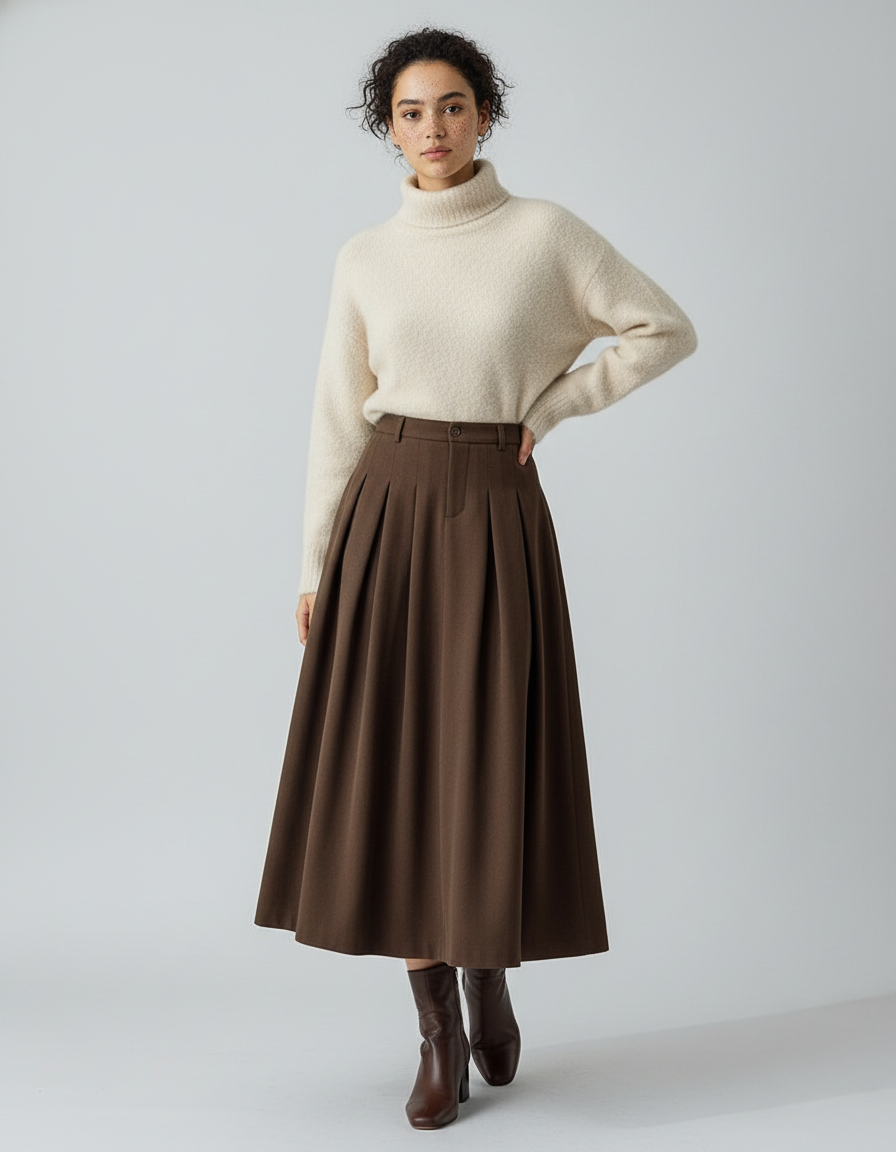 Jupe Midi Plissée Marron Élégante