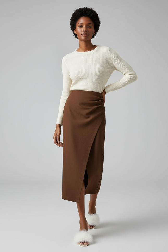 Jupe Midi Marron Portefeuille Élégante