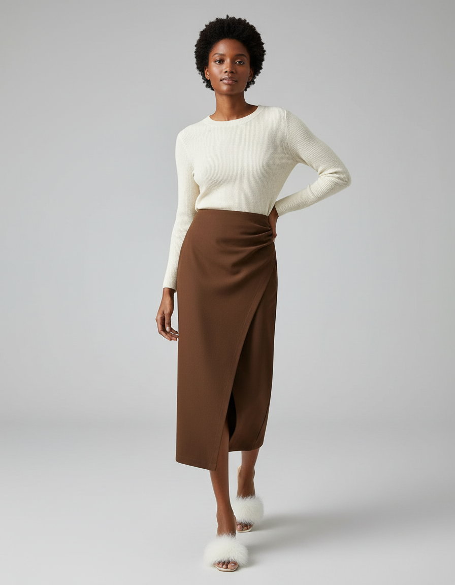 Jupe Midi Marron Portefeuille Élégante