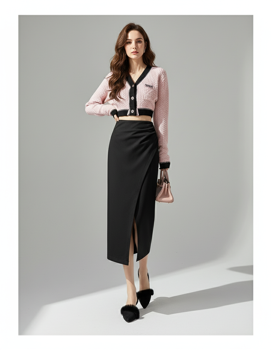 Jupe Midi Noire Portefeuille Élégante