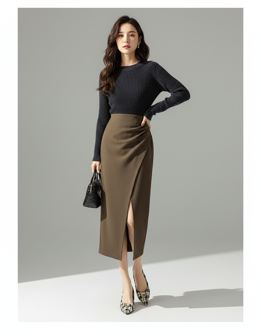 Jupe Midi Kaki Fendue Élégante