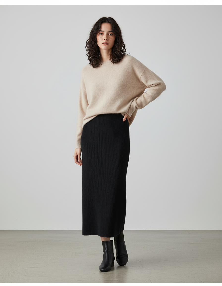 Jupe Midi Noire Côtelée Élégante