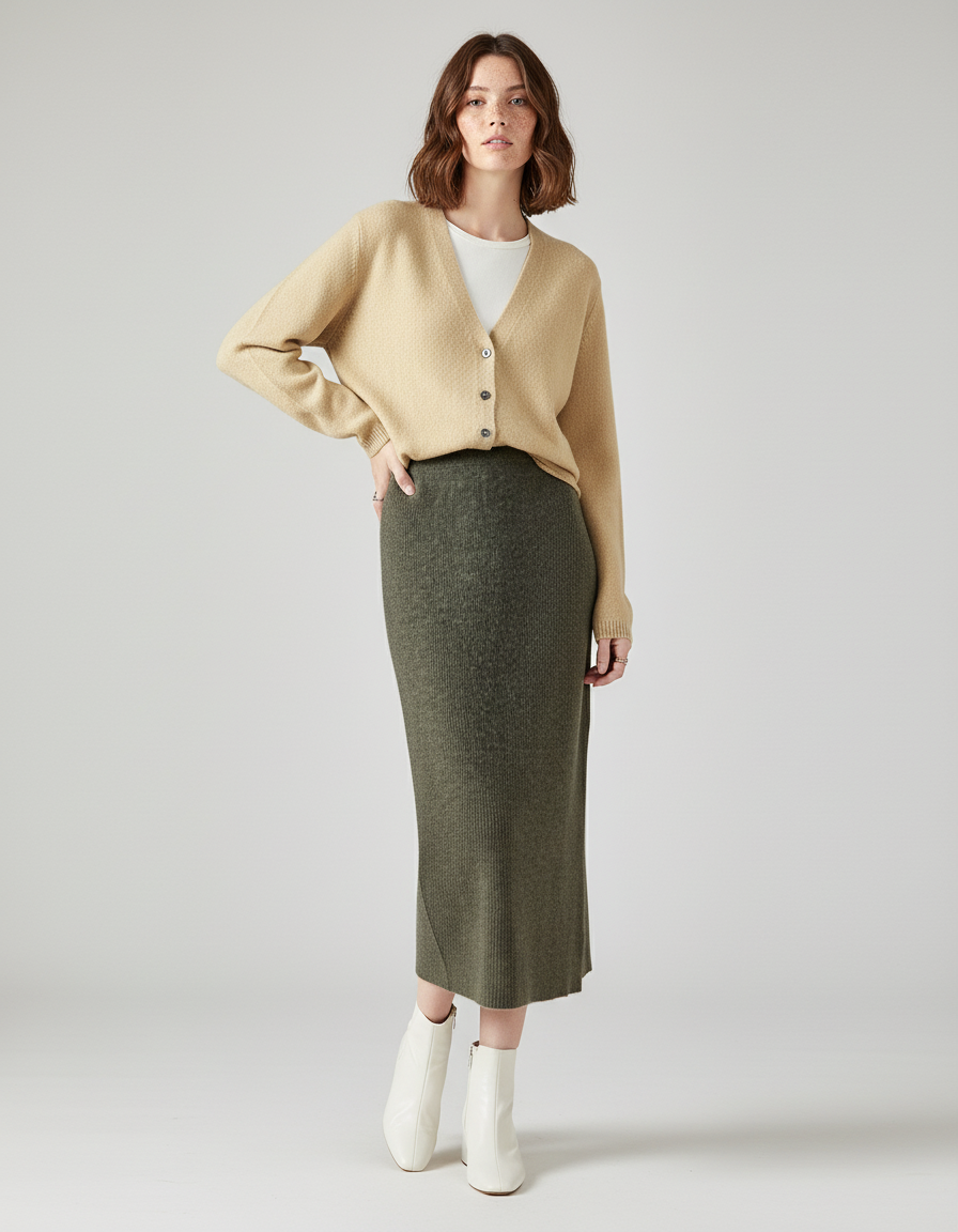 Jupe Midi Vert Côtelée Élégante