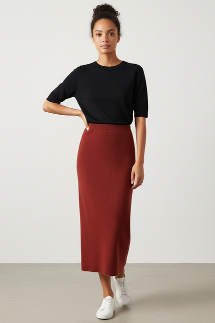 Jupe Midi Rouille Côtelée Élégante