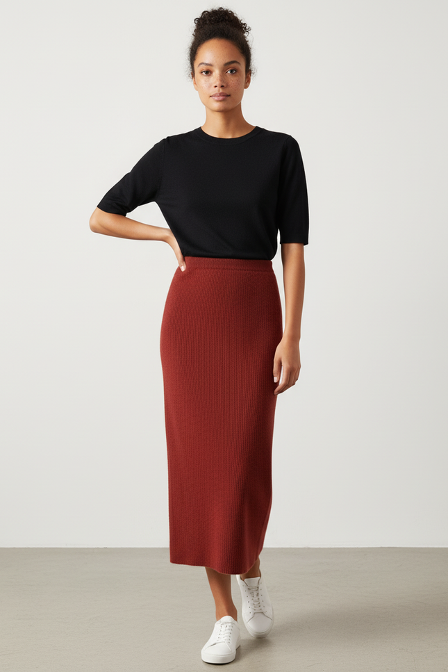 Jupe Midi Rouille Côtelée Élégante