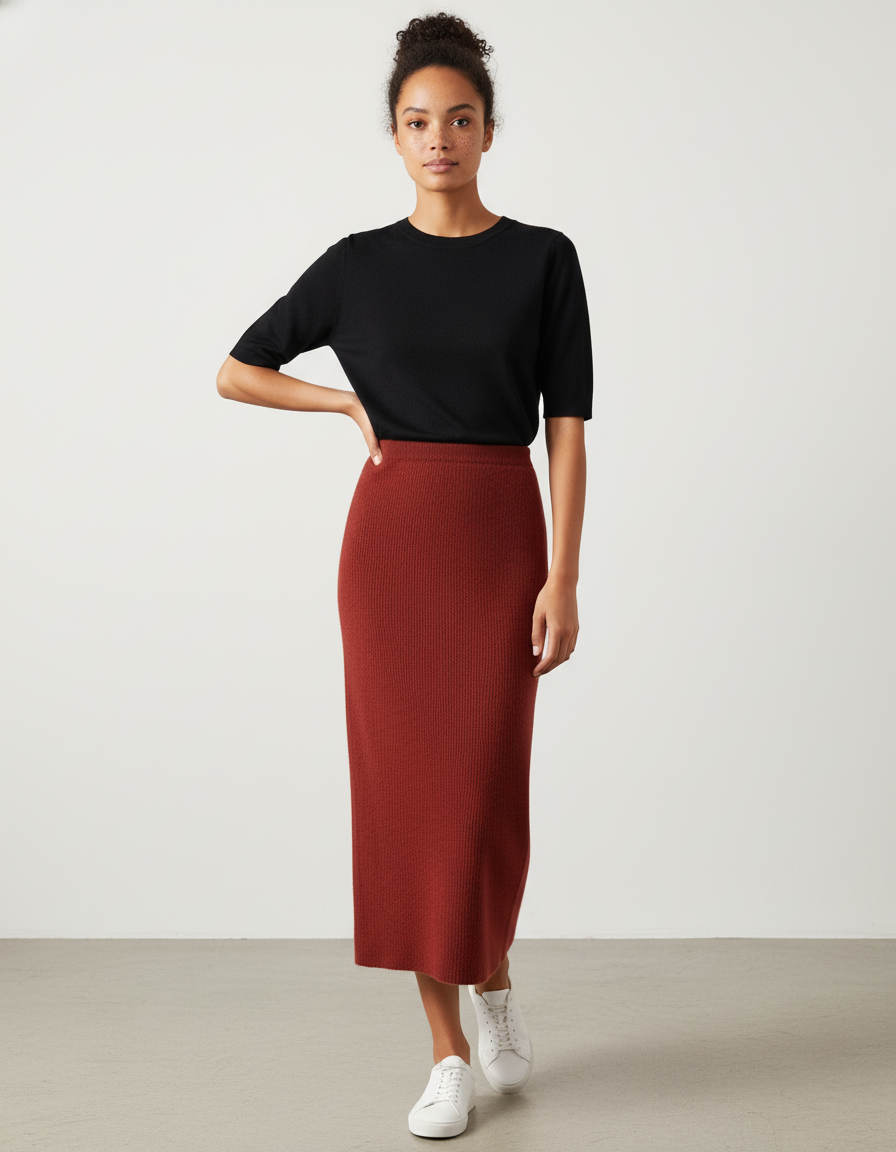 Jupe Midi Rouille Côtelée Élégante