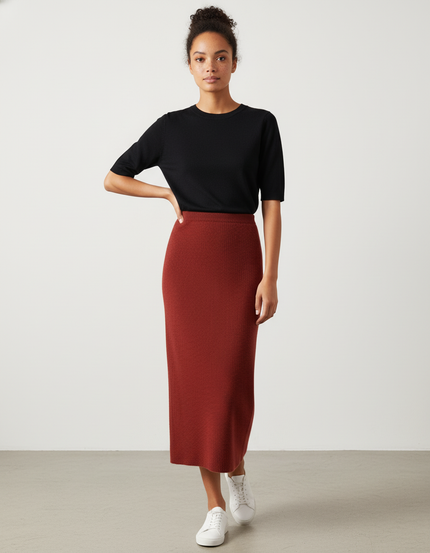 Jupe Midi Rouille Côtelée Élégante