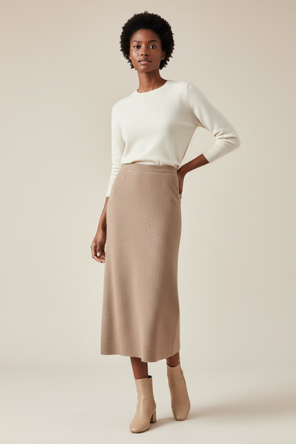 Jupe Midi Camel Tricotée Élégante