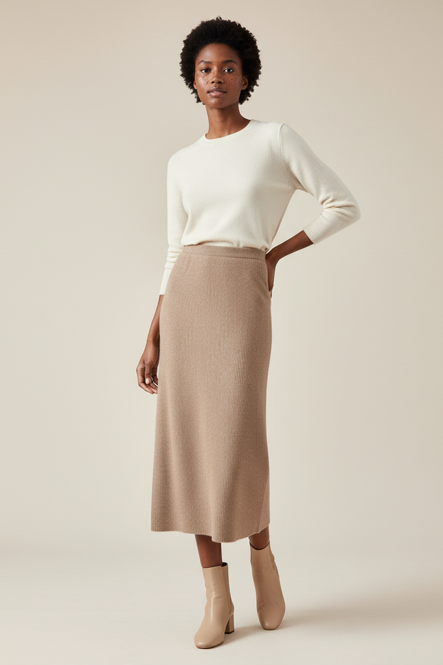 Jupe Midi Camel Tricotée Élégante