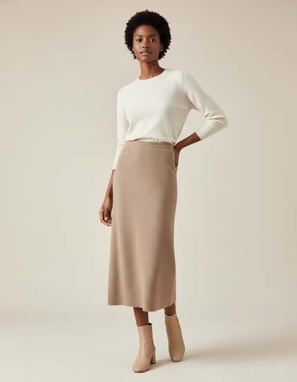 Jupe Midi Camel Tricotée Élégante