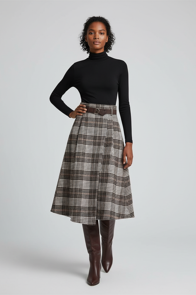 Jupe Midi Carreaux Laine Chic