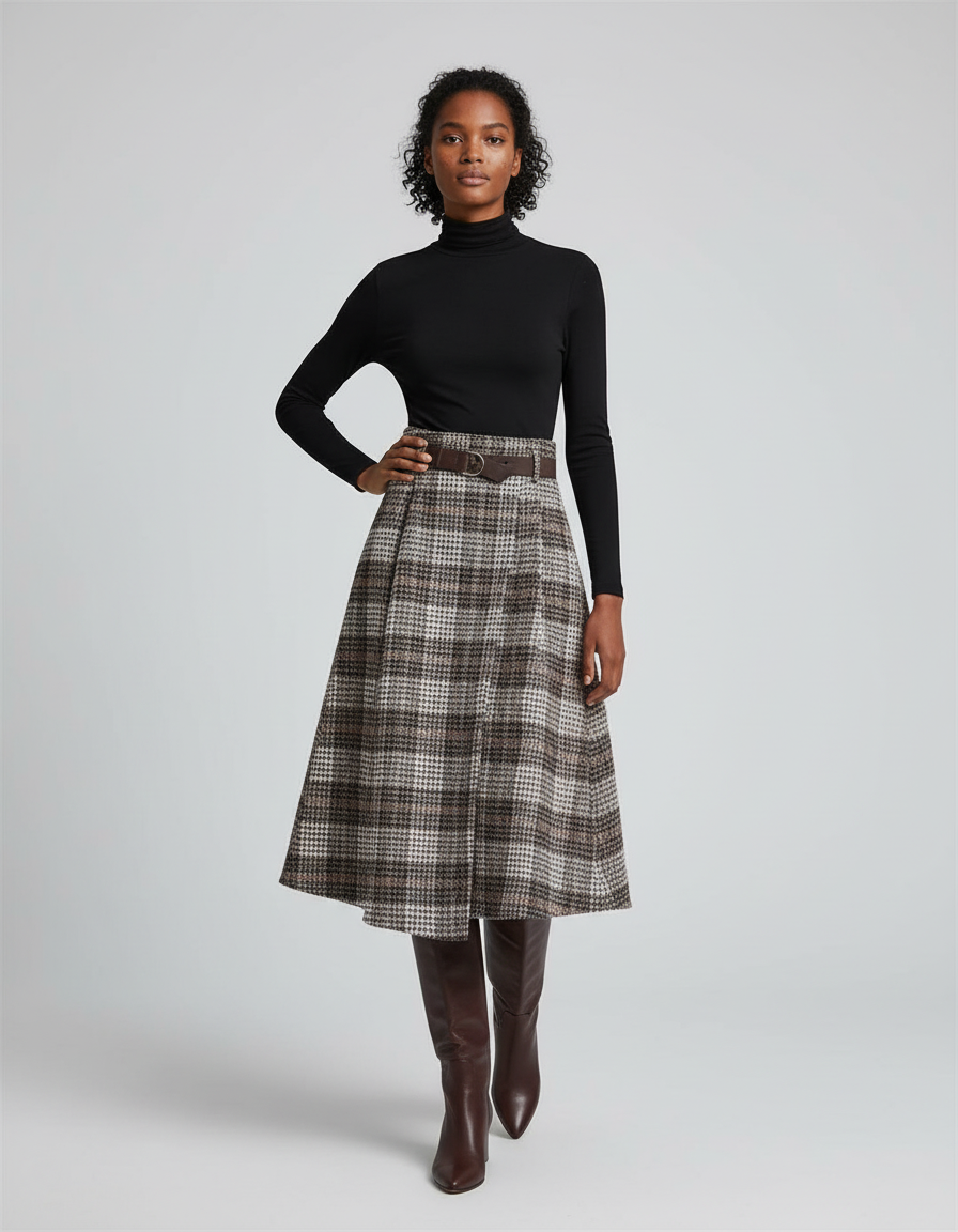 Jupe Midi Carreaux Laine Chic