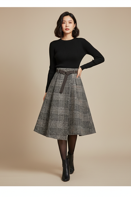 Jupe Midi Carreaux Laine Chic rétro