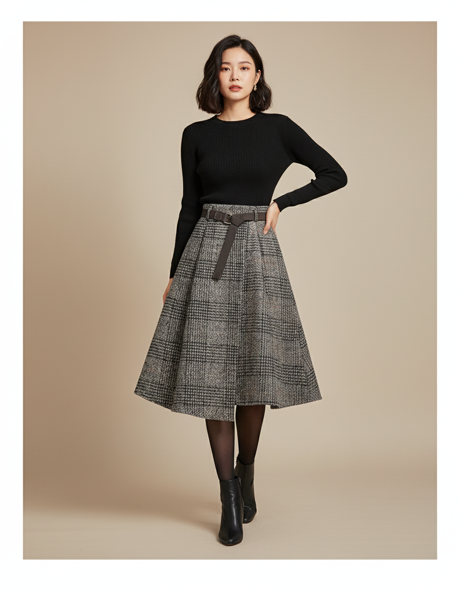 Jupe Midi Carreaux Laine Chic rétro