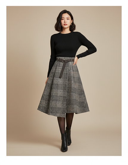 Jupe Midi Carreaux Laine Chic rétro