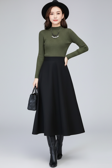 Jupe Midi Coupe Évasée Épaisse Élégante