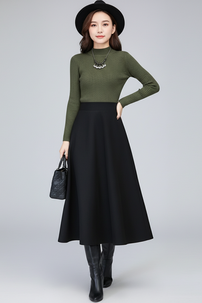 Jupe Midi Coupe Évasée Épaisse Élégante