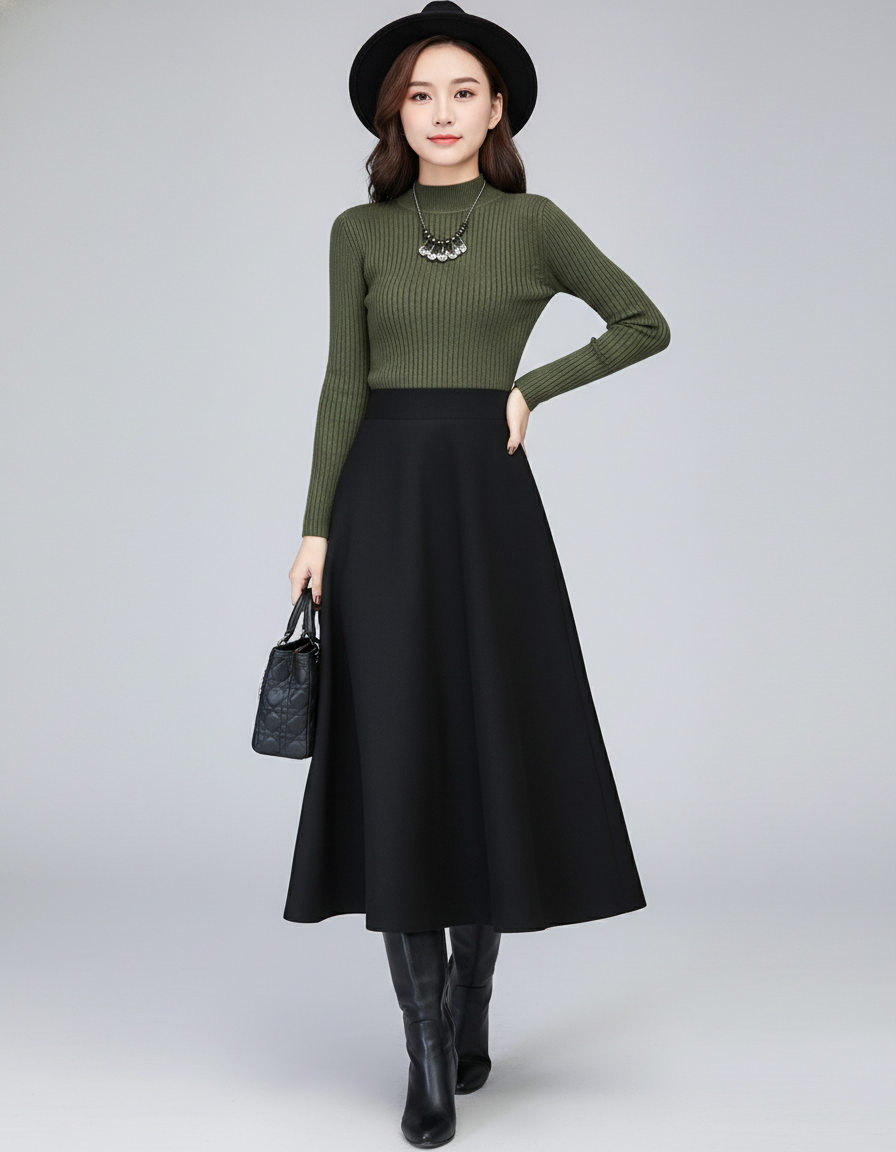 Jupe Midi Coupe Évasée Épaisse Élégante