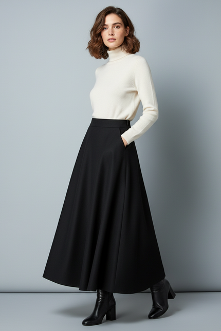 Jupe Midi Noire Évasée Élégante fluide