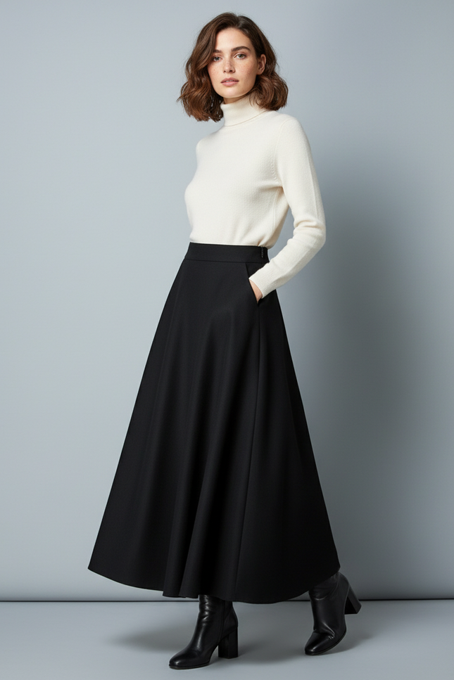 Jupe Midi Noire Évasée Élégante fluide