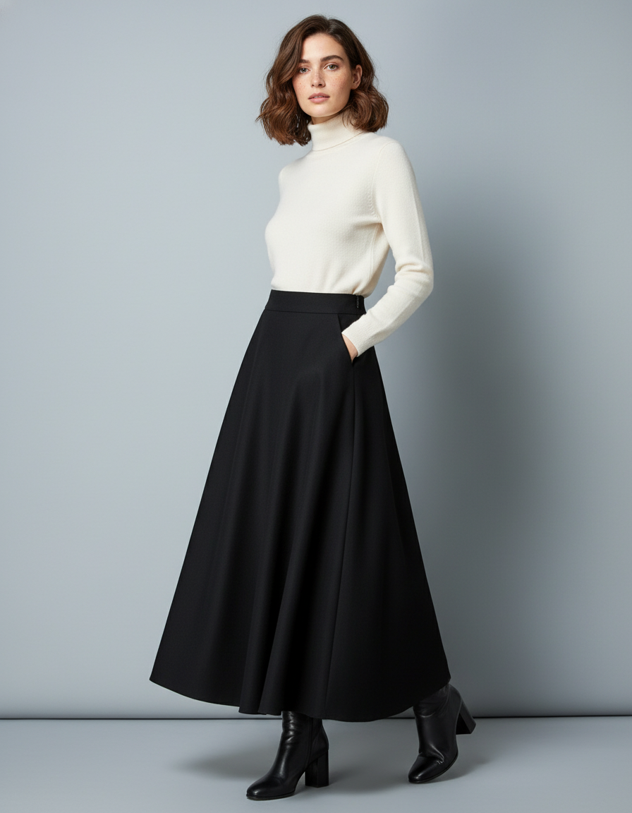 Jupe Midi Noire Évasée Élégante fluide