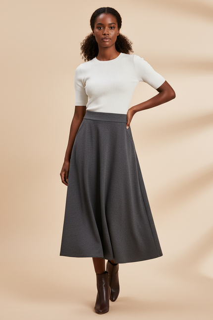 Jupe Midi Grise Évasée Élégante