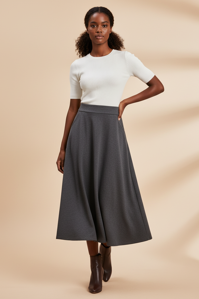Jupe Midi Grise Évasée Élégante