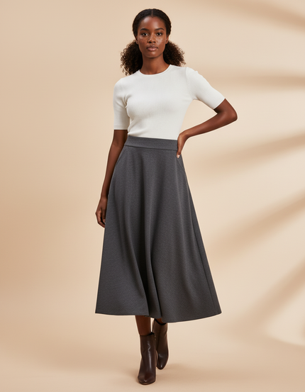 Jupe Midi Grise Évasée Élégante