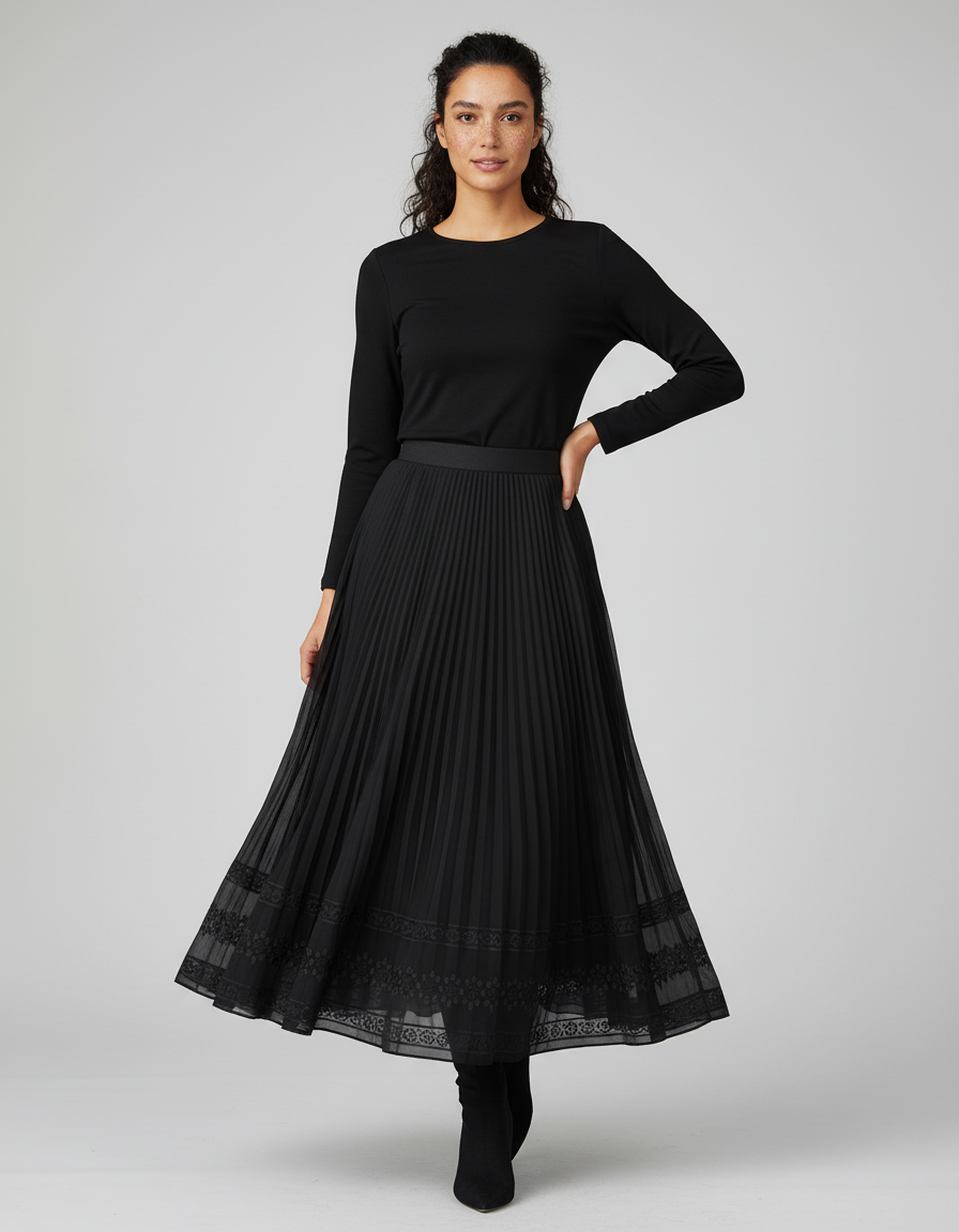 Jupe Midi Noire Plissée Élégante graphique