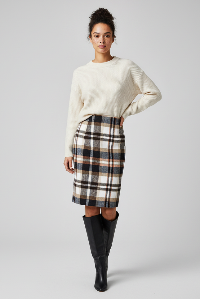 Jupe Midi Laine Carreaux Élégante