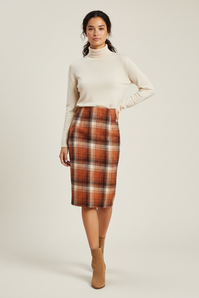 Jupe Midi Carreaux Laine Élégante classique