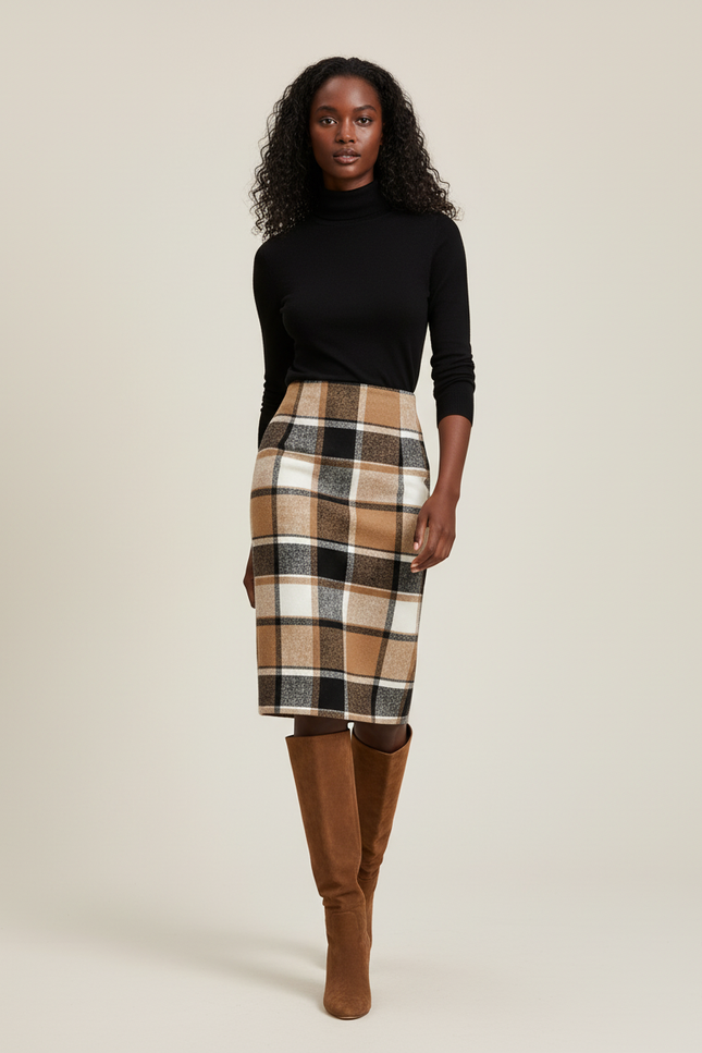 Jupe Midi Carreaux Laine Élégante chaleureuse