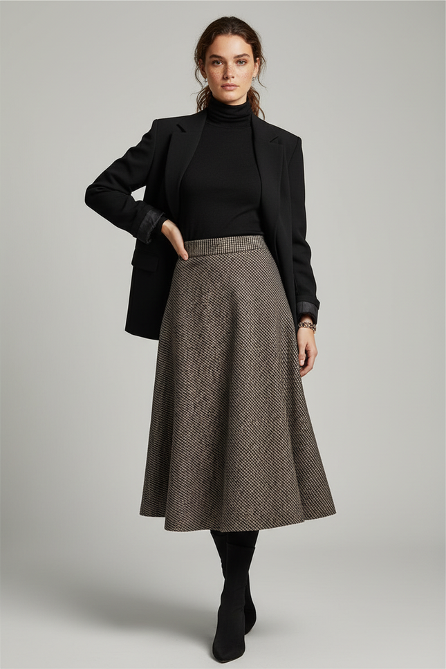 Jupe Midi Tweed Évasée Élégante