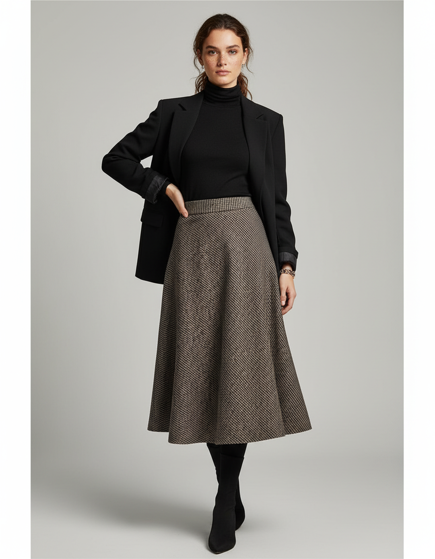 Jupe Midi Tweed Évasée Élégante