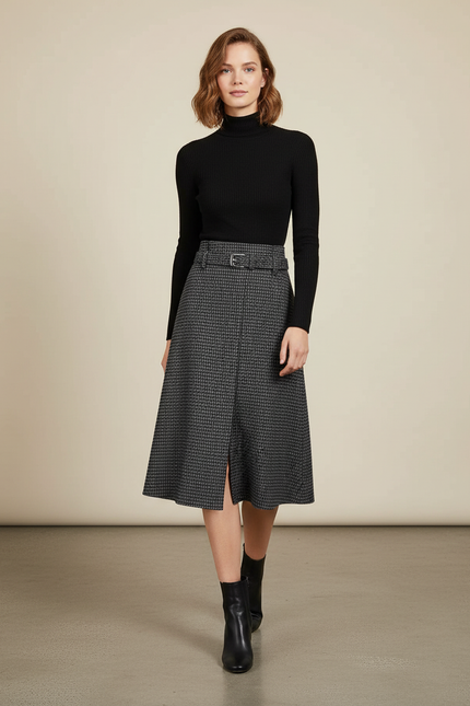 Jupe Midi Pied-De-Poule Fendue Chic