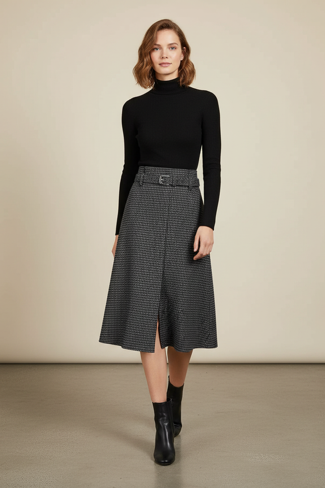 Jupe Midi Pied-De-Poule Fendue Chic