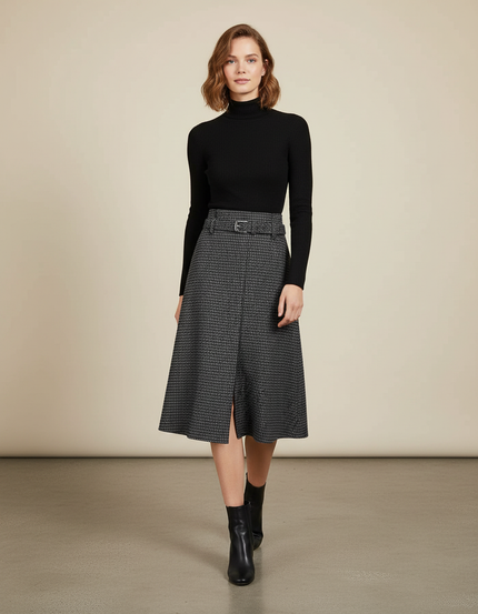 Jupe Midi Pied-De-Poule Fendue Chic