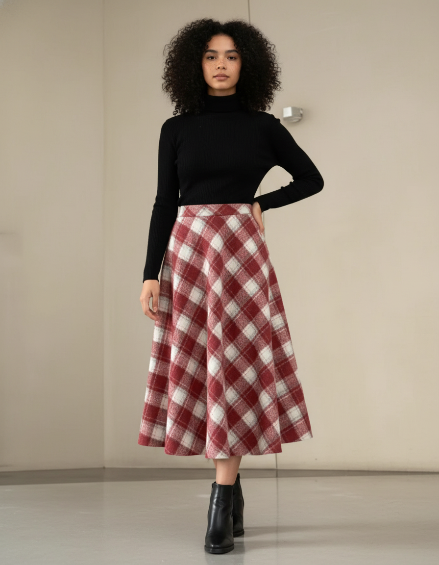 Jupe Midi Carreaux Rouge Vintage