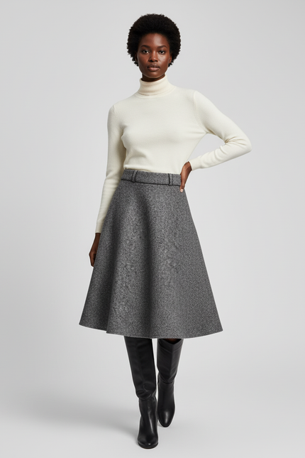 Jupe Midi Évasée Gris Chiné Élégante