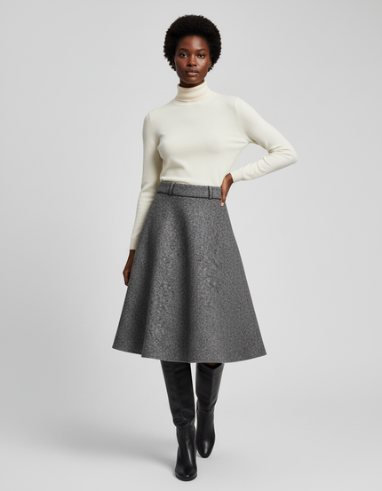 Jupe Midi Évasée Gris Chiné Élégante