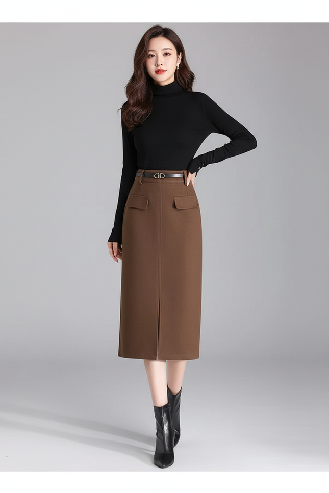 Jupe Midi Marron Droite Élégante