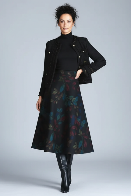 Jupe Midi Imprimée Feuilles Élégante