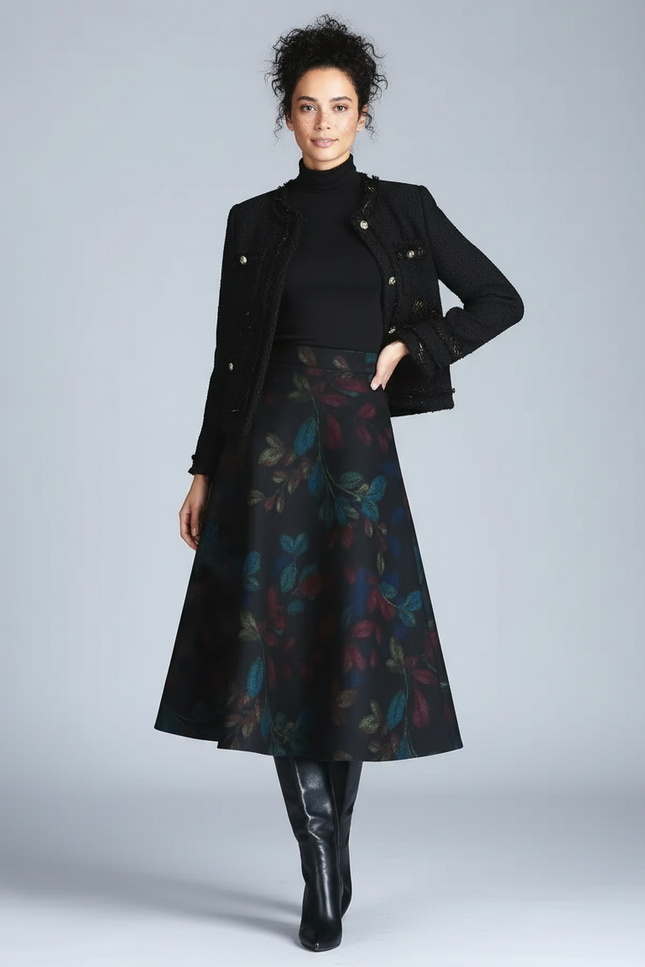 Jupe Midi Imprimée Feuilles Élégante