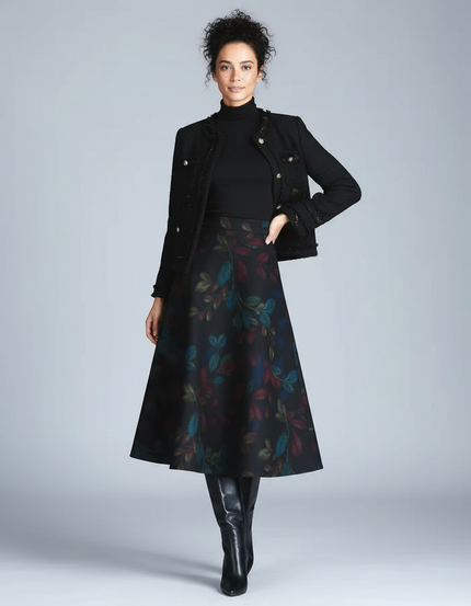 Jupe Midi Imprimée Feuilles Élégante