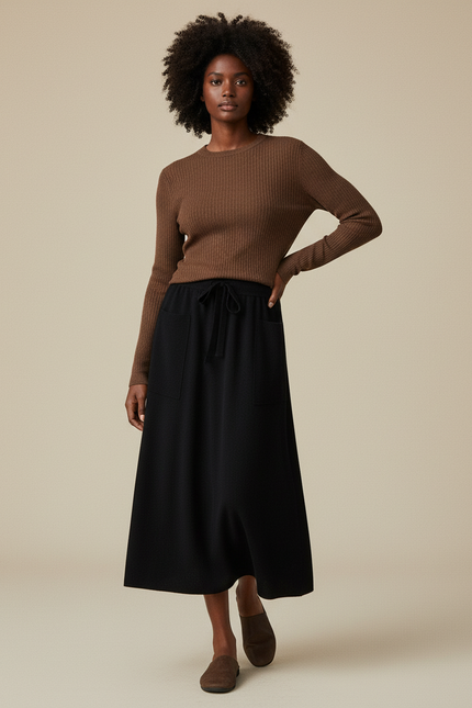 Jupe Midi Noire Maille Décontractée