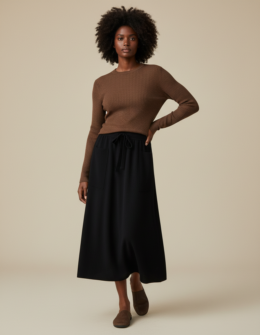 Jupe Midi Noire Maille Décontractée