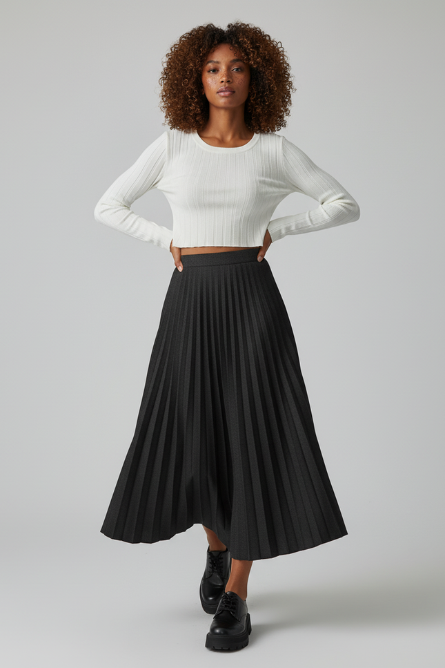 Jupe Midi Plissée Grise Chaude